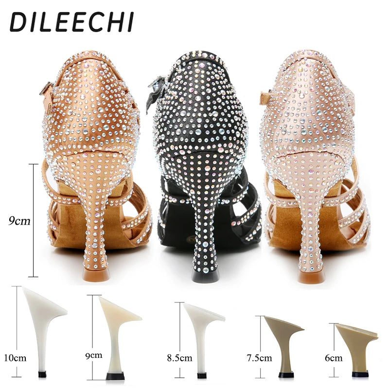 DILEECHI Rhinestone Latin Dance Shoes Women Salsa Ballroom Shoes Cuba High Heel 9cm Waltz Software Shoes Hot Sale skin bronze
