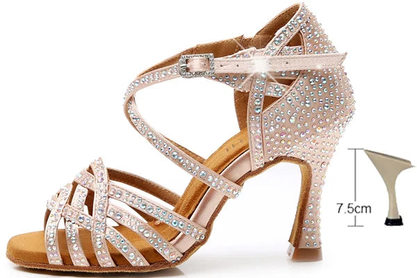 DILEECHI Rhinestone Latin Dance Shoes Women Salsa Ballroom Shoes Cuba High Heel 9cm Waltz Software Shoes Hot Sale skin bronze