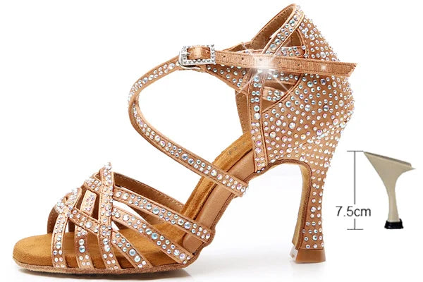 DILEECHI Rhinestone Latin Dance Shoes Women Salsa Ballroom Shoes Cuba High Heel 9cm Waltz Software Shoes Hot Sale skin bronze