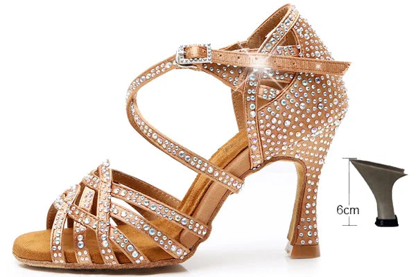 DILEECHI Rhinestone Latin Dance Shoes Women Salsa Ballroom Shoes Cuba High Heel 9cm Waltz Software Shoes Hot Sale skin bronze