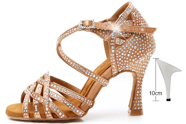 DILEECHI Rhinestone Latin Dance Shoes Women Salsa Ballroom Shoes Cuba High Heel 9cm Waltz Software Shoes Hot Sale skin bronze