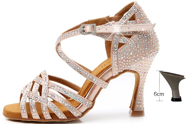 DILEECHI Rhinestone Latin Dance Shoes Women Salsa Ballroom Shoes Cuba High Heel 9cm Waltz Software Shoes Hot Sale skin bronze