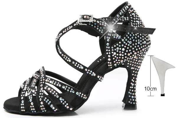 DILEECHI Rhinestone Latin Dance Shoes Women Salsa Ballroom Shoes Cuba High Heel 9cm Waltz Software Shoes Hot Sale skin bronze