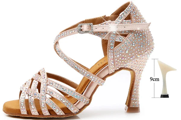 DILEECHI Rhinestone Latin Dance Shoes Women Salsa Ballroom Shoes Cuba High Heel 9cm Waltz Software Shoes Hot Sale skin bronze