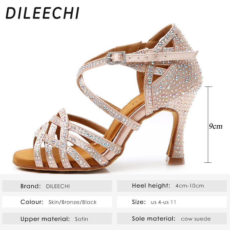 DILEECHI Rhinestone Latin Dance Shoes Women Salsa Ballroom Shoes Cuba High Heel 9cm Waltz Software Shoes Hot Sale skin bronze