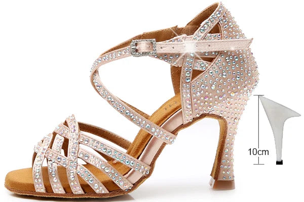 DILEECHI Rhinestone Latin Dance Shoes Women Salsa Ballroom Shoes Cuba High Heel 9cm Waltz Software Shoes Hot Sale skin bronze
