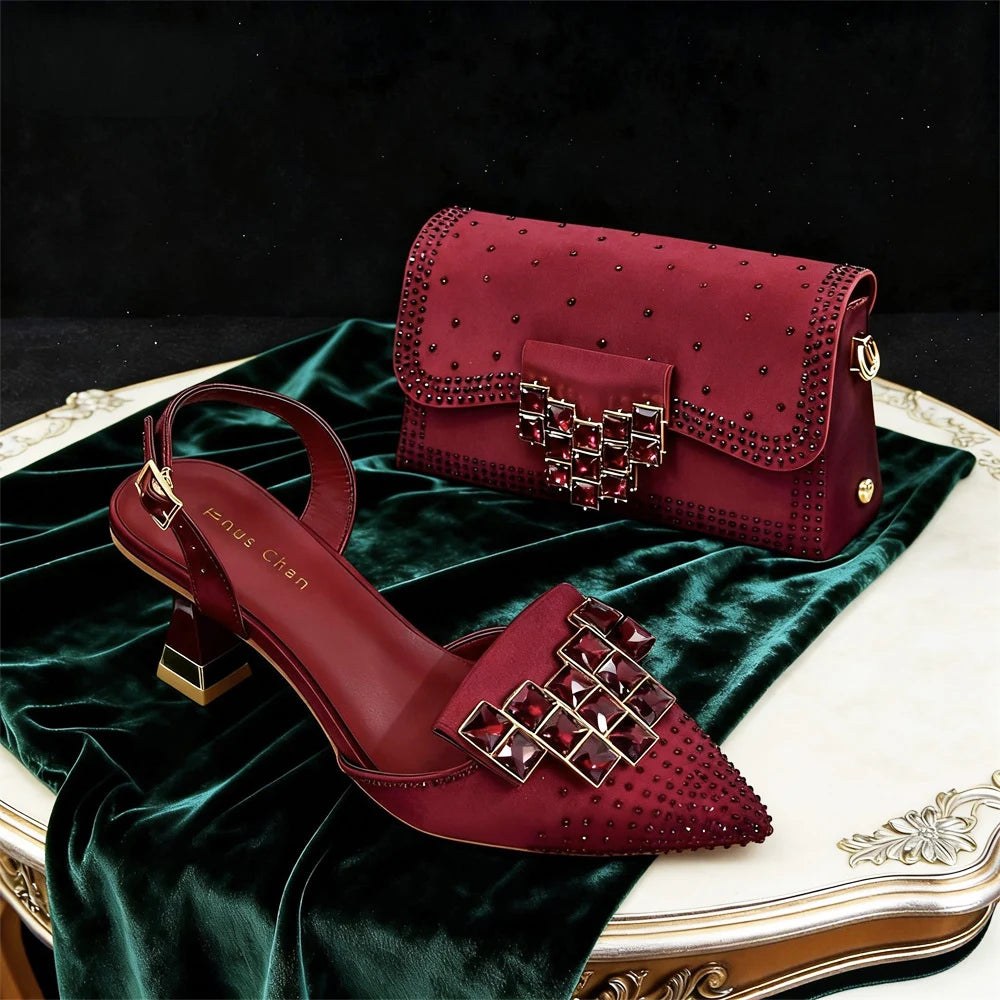 Italy Elegant Rhinestone Pointed Toe High Heels & Matching Bag Set - Perfect for Women's