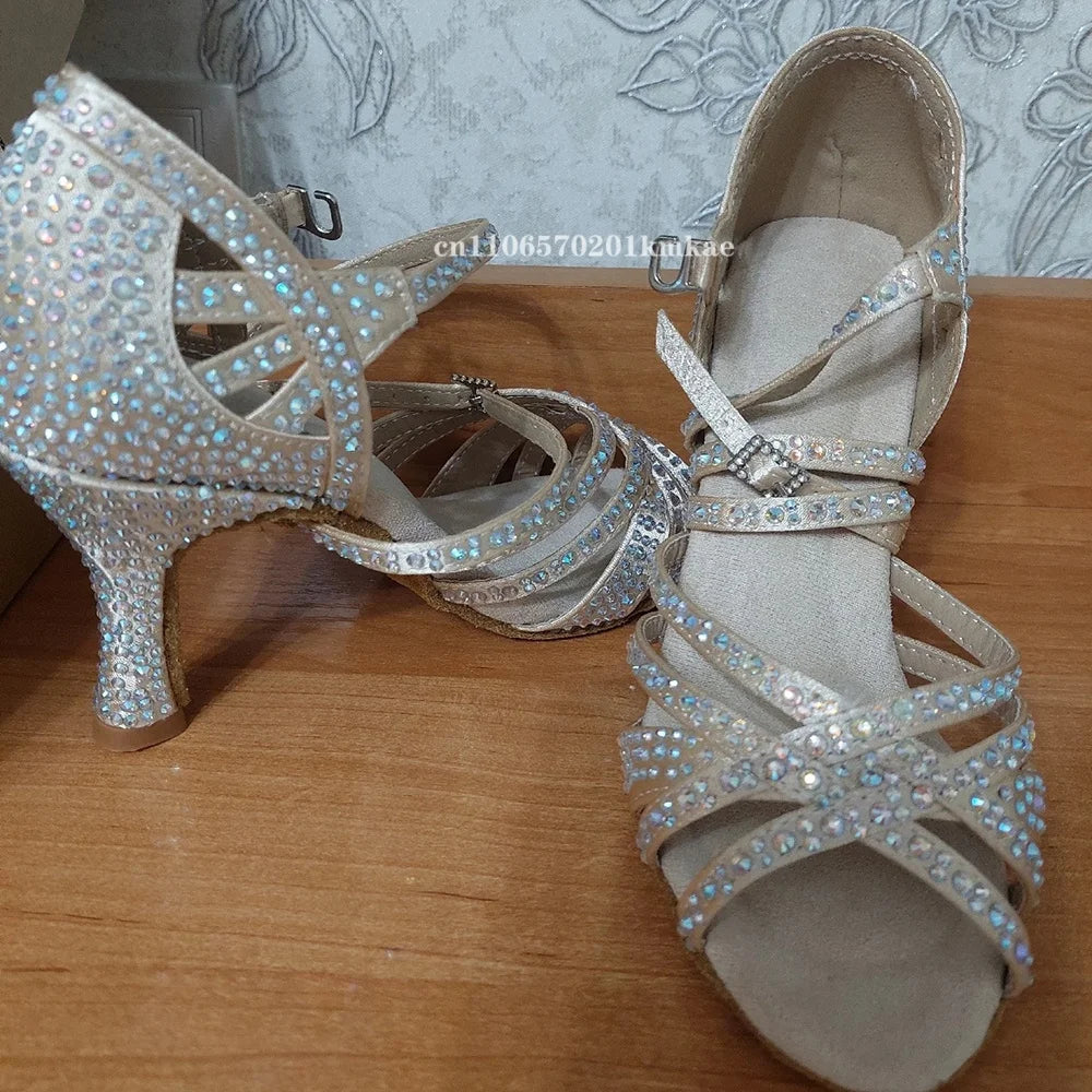 Rhinestone Dance Shoes Women Tango Salsa Latin Dance Shoes Ballroom Dance Heels Soft Sole Women Sandals Ladies Wedding Shoes New
