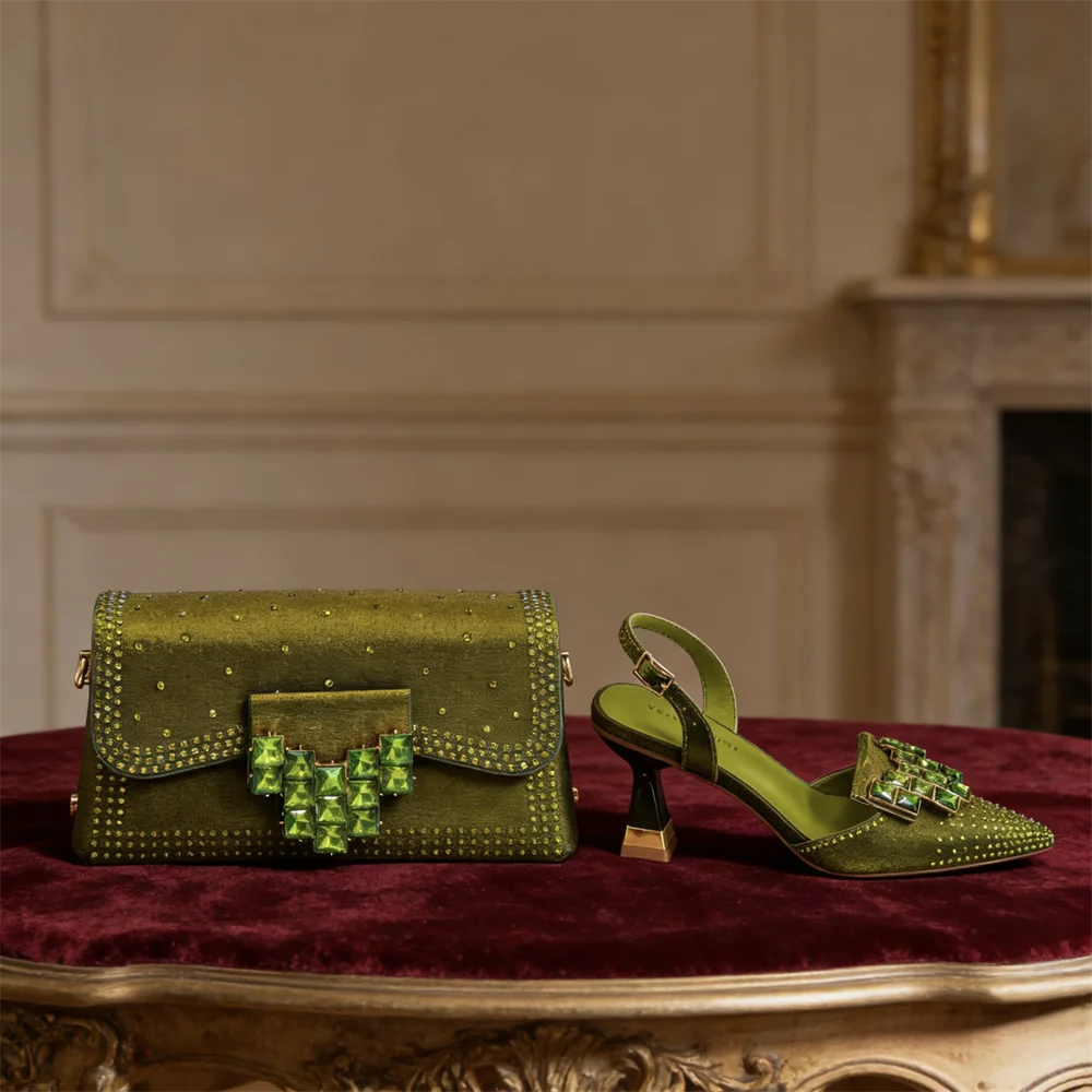 Italy Elegant Rhinestone Pointed Toe High Heels & Matching Bag Set - Perfect for Women's
