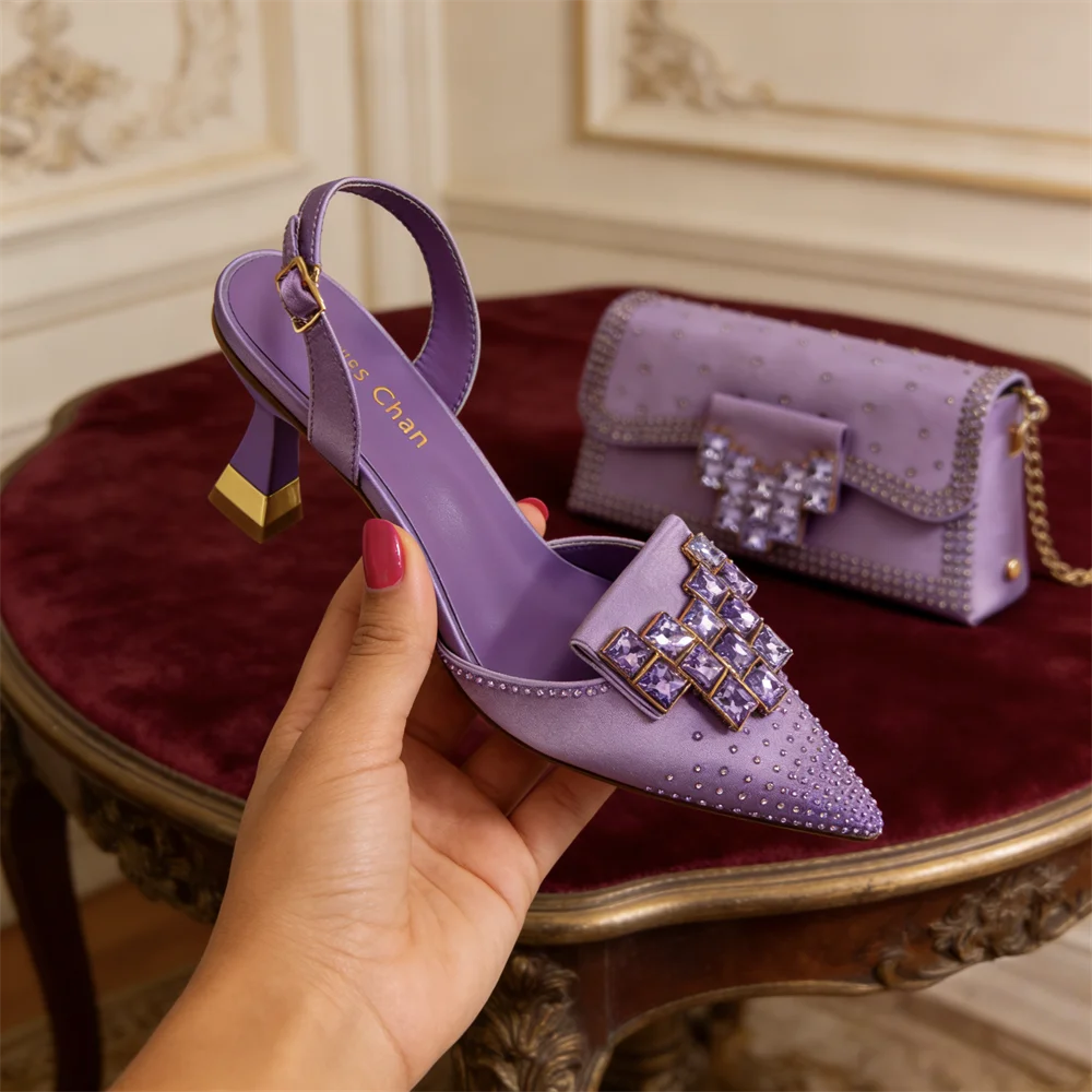 Italy Elegant Rhinestone Pointed Toe High Heels & Matching Bag Set - Perfect for Women's
