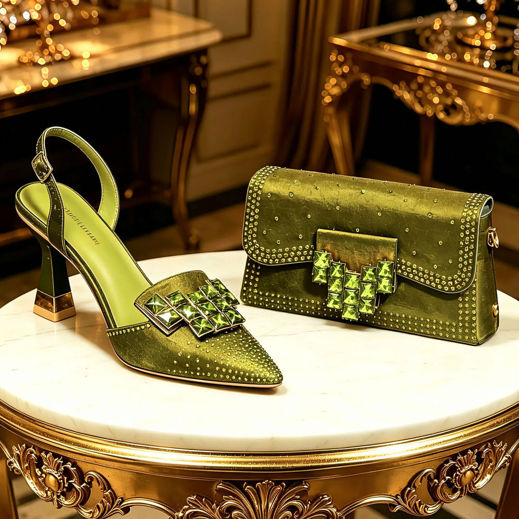 Italy Elegant Rhinestone Pointed Toe High Heels & Matching Bag Set - Perfect for Women's
