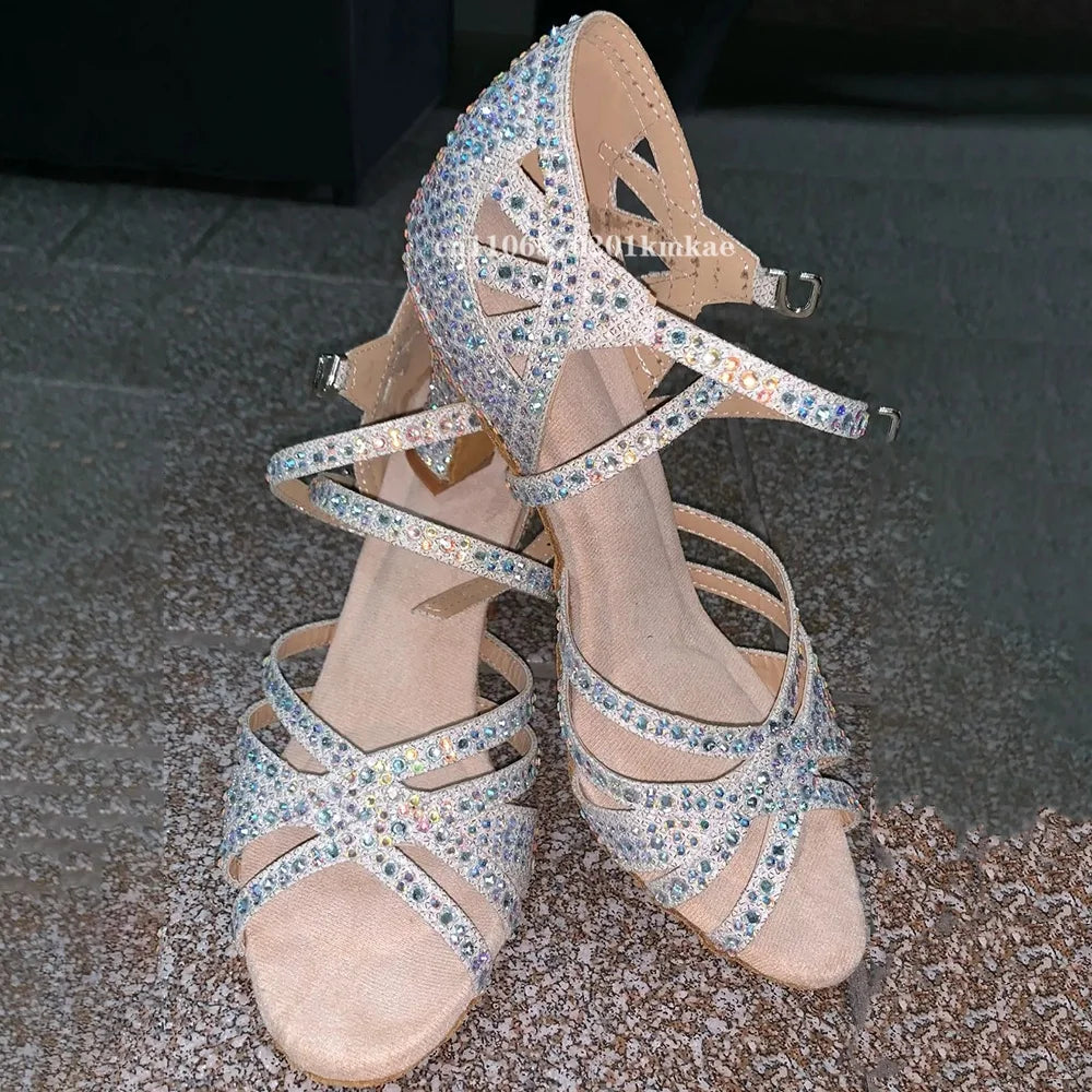 Rhinestone Dance Shoes Women Tango Salsa Latin Dance Shoes Ballroom Dance Heels Soft Sole Women Sandals Ladies Wedding Shoes New