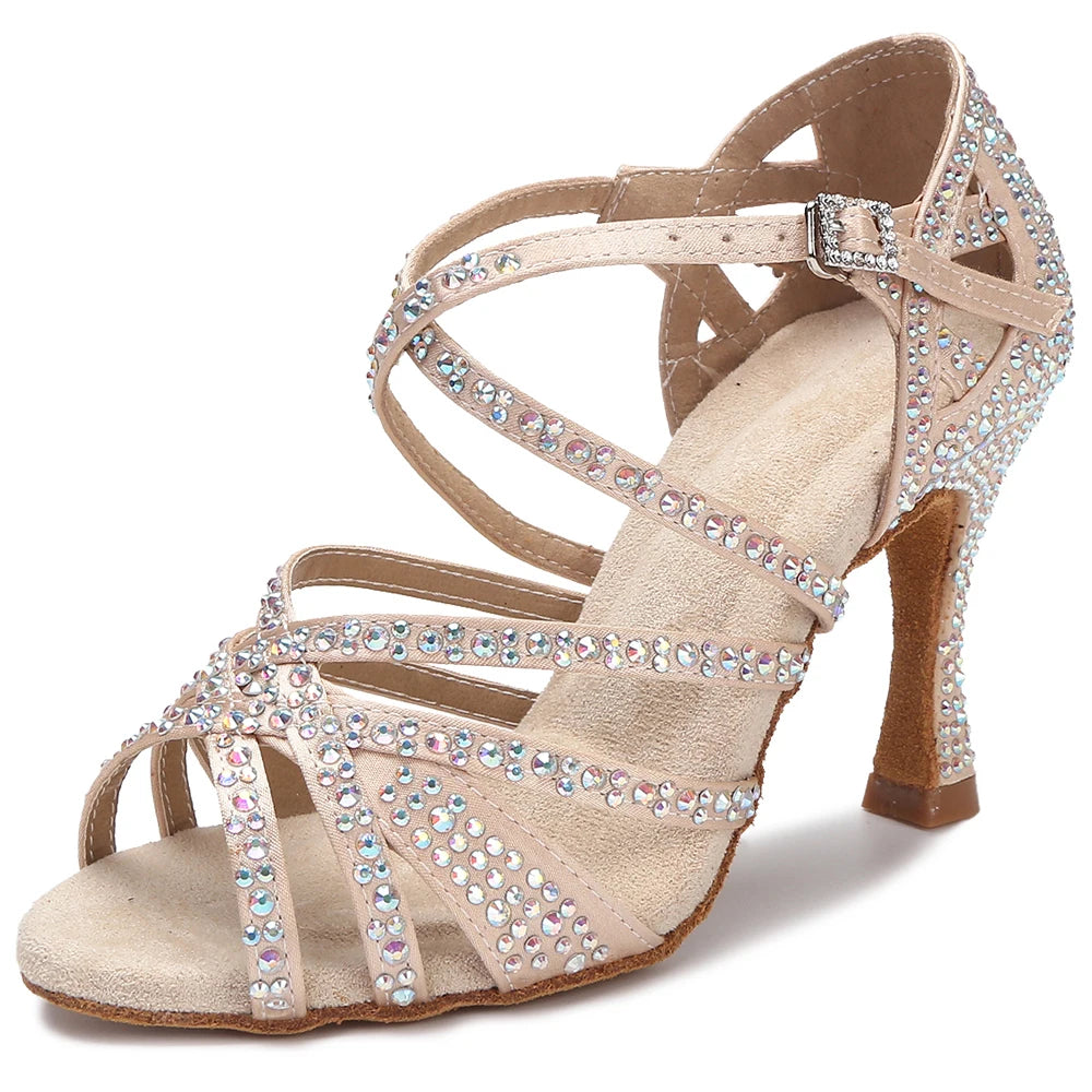 Rhinestone Dance Shoes Women Tango Salsa Latin Dance Shoes Ballroom Dance Heels Soft Sole Women Sandals Ladies Wedding Shoes New