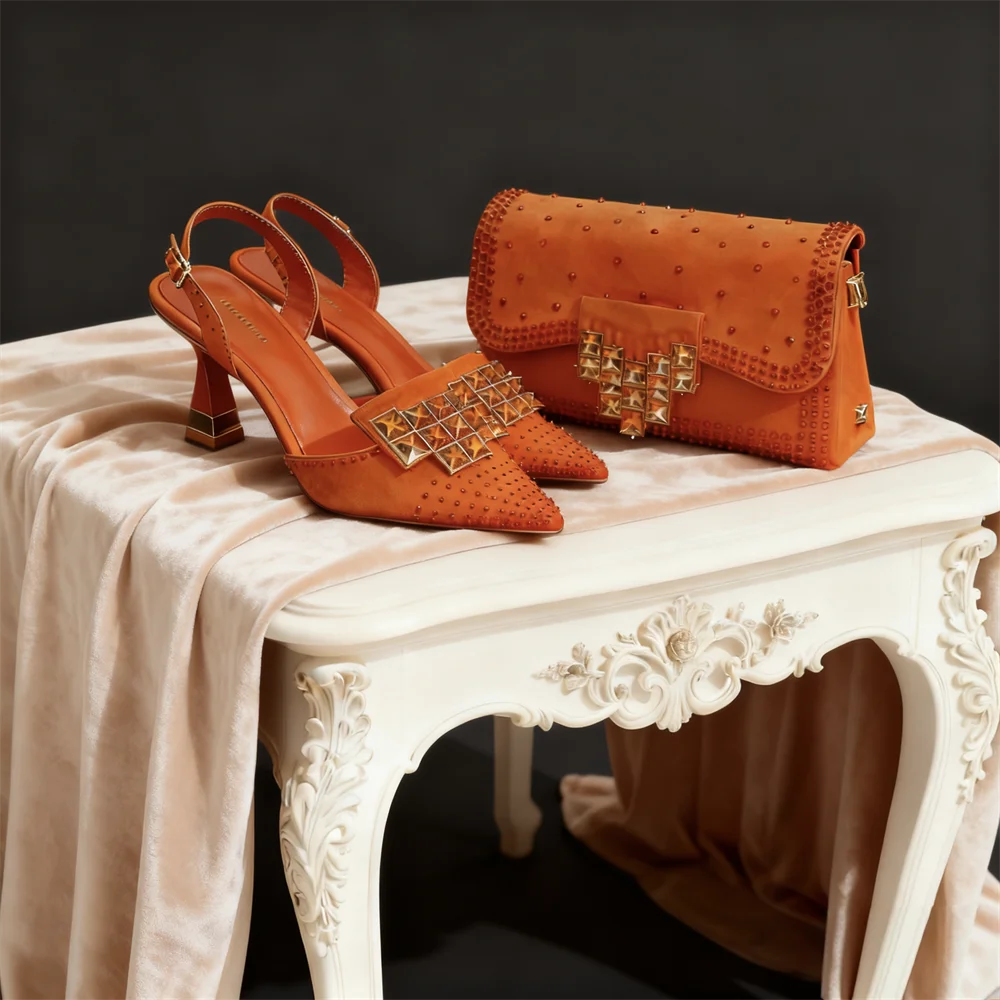 Italy Elegant Rhinestone Pointed Toe High Heels & Matching Bag Set - Perfect for Women's