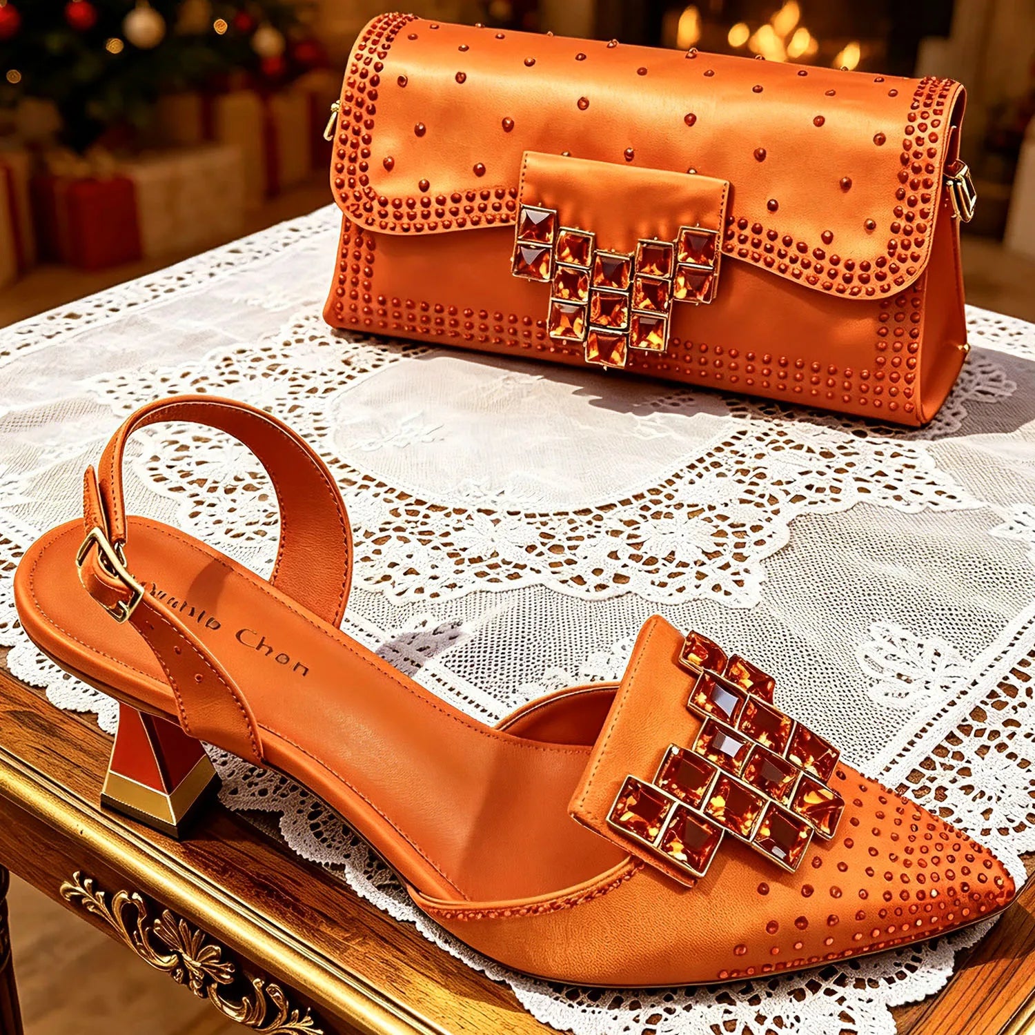 Italy Elegant Rhinestone Pointed Toe High Heels & Matching Bag Set - Perfect for Women's