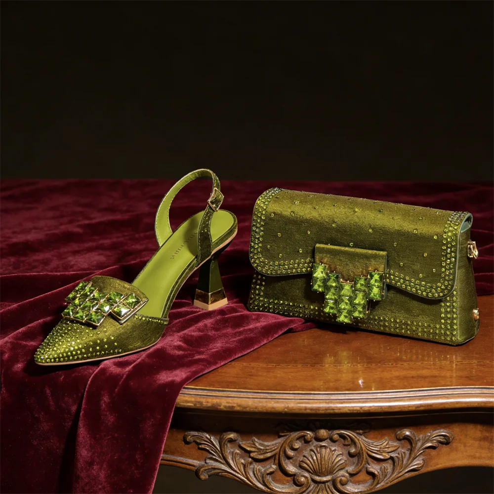 Italy Elegant Rhinestone Pointed Toe High Heels & Matching Bag Set - Perfect for Women's