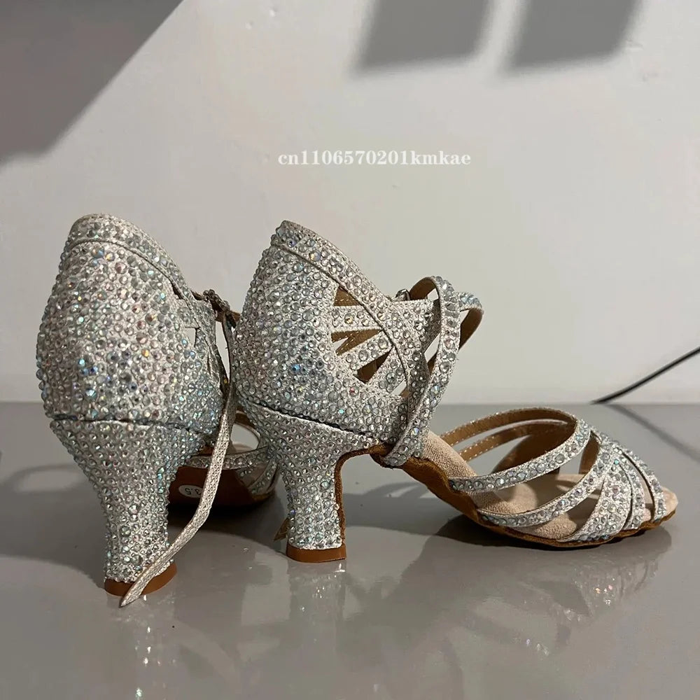 Rhinestone Dance Shoes Women Tango Salsa Latin Dance Shoes Ballroom Dance Heels Soft Sole Women Sandals Ladies Wedding Shoes New