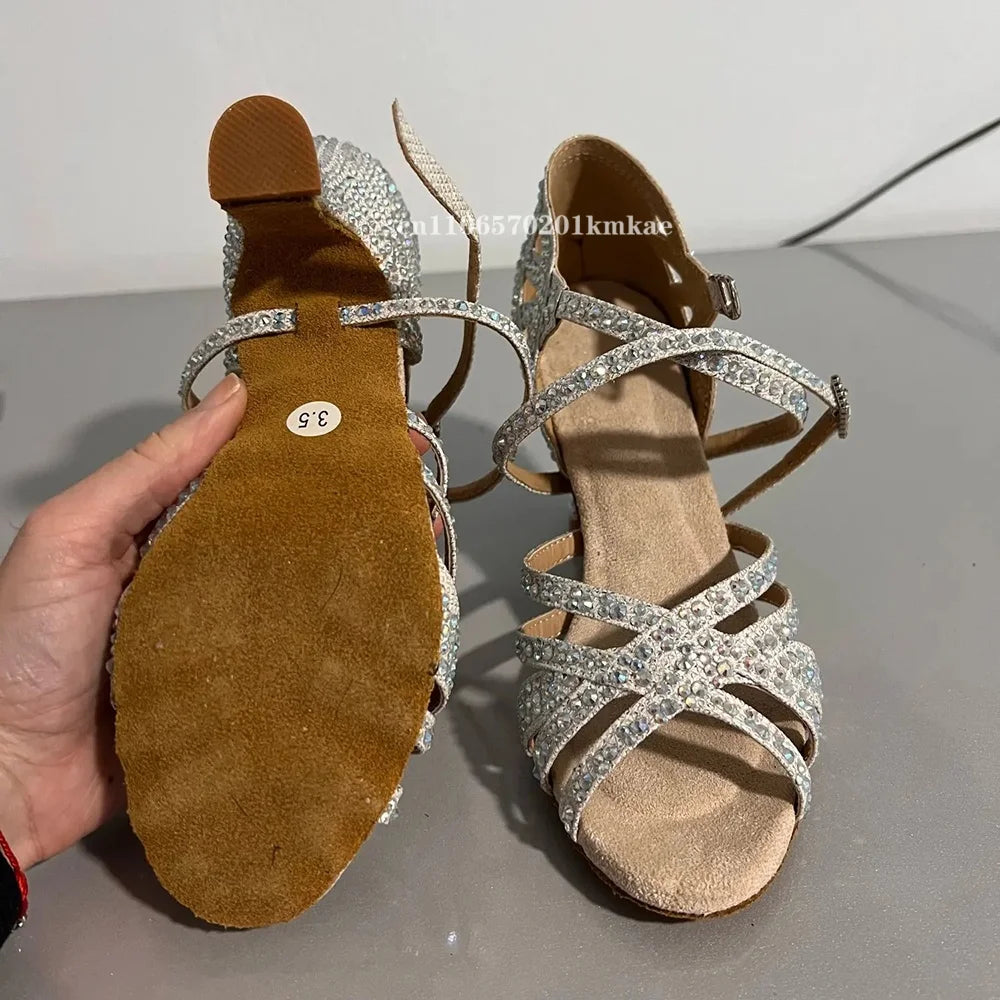 Rhinestone Dance Shoes Women Tango Salsa Latin Dance Shoes Ballroom Dance Heels Soft Sole Women Sandals Ladies Wedding Shoes New