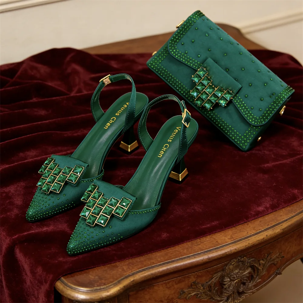 Italy Elegant Rhinestone Pointed Toe High Heels & Matching Bag Set - Perfect for Women's