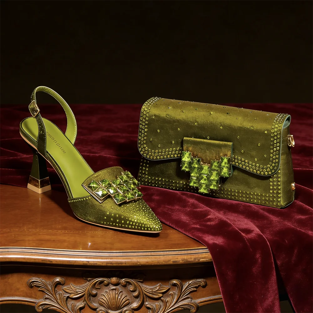 Italy Elegant Rhinestone Pointed Toe High Heels & Matching Bag Set - Perfect for Women's
