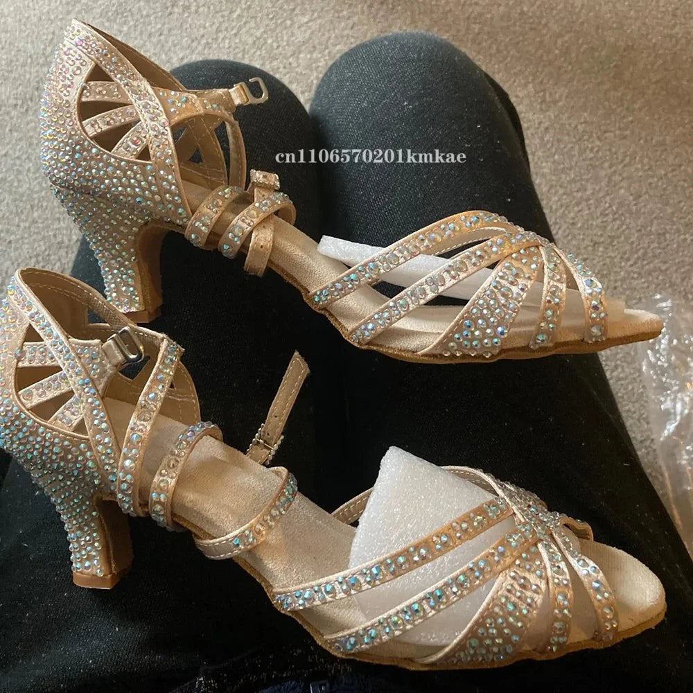Rhinestone Dance Shoes Women Tango Salsa Latin Dance Shoes Ballroom Dance Heels Soft Sole Women Sandals Ladies Wedding Shoes New
