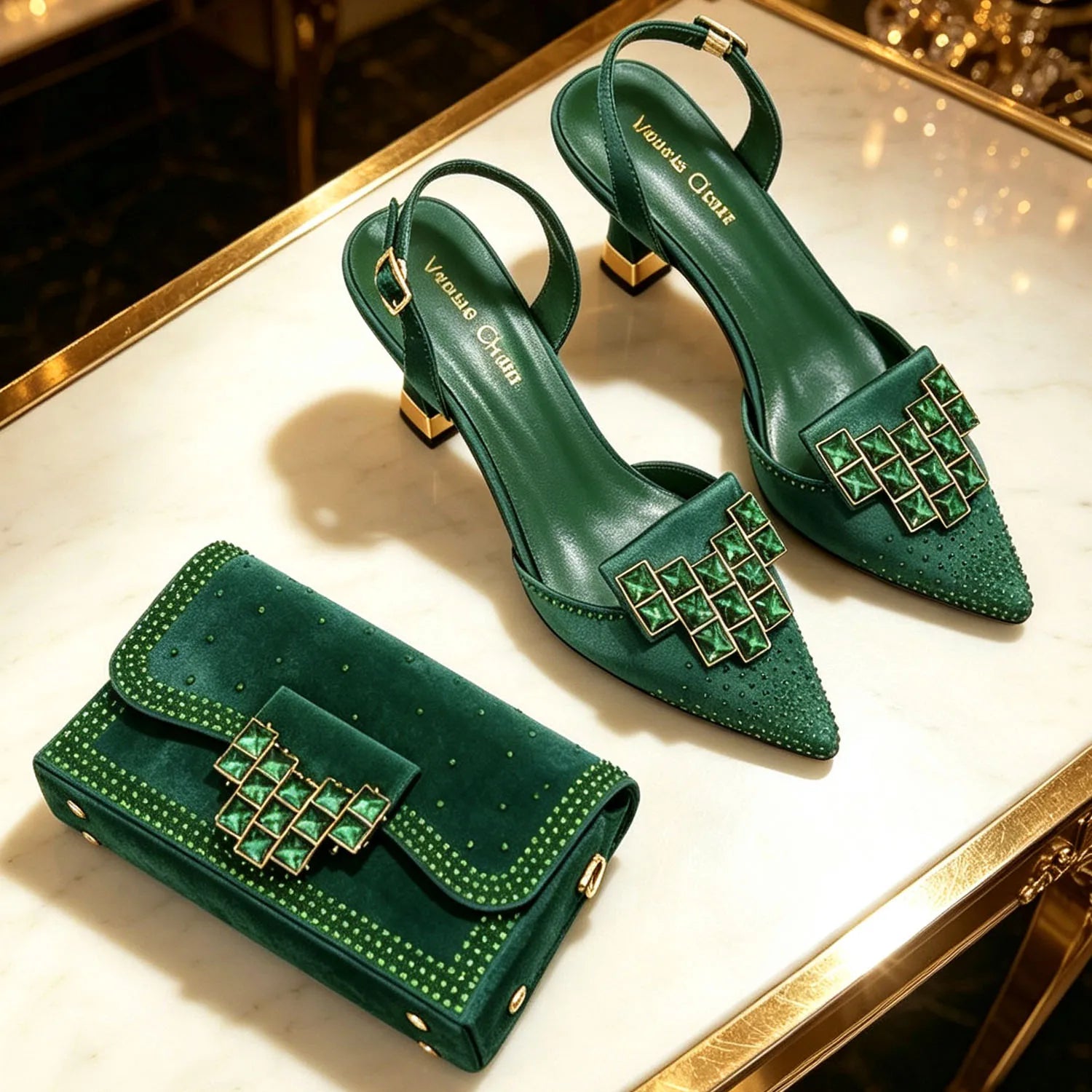 Italy Elegant Rhinestone Pointed Toe High Heels & Matching Bag Set - Perfect for Women's