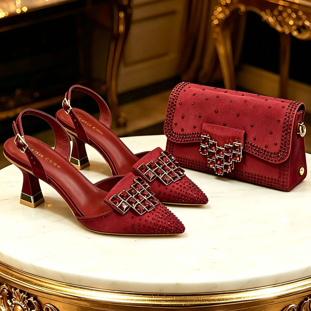 Italy Elegant Rhinestone Pointed Toe High Heels & Matching Bag Set - Perfect for Women's