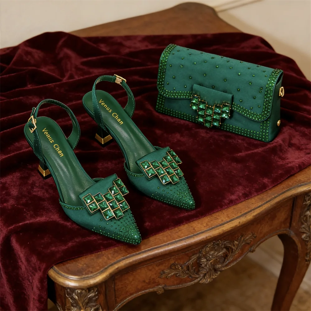 Italy Elegant Rhinestone Pointed Toe High Heels & Matching Bag Set - Perfect for Women's