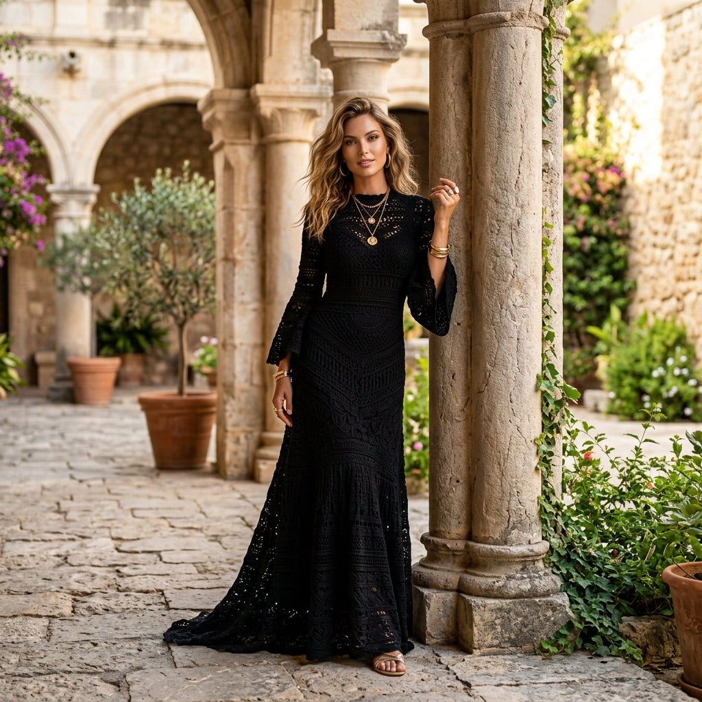 Siren's Obsession Crochet Maxi Dress Black